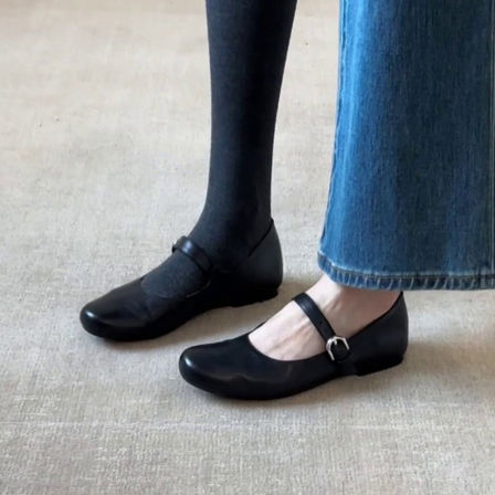 羊皮版~法式圆头简约一字扣带玛丽珍女鞋通勤浅口平底单鞋奶奶鞋