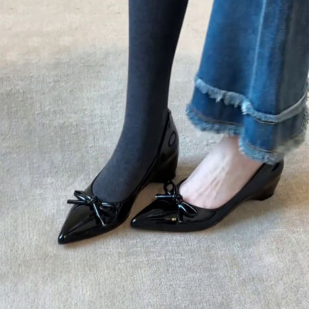 羊皮版~尖头法式蝴蝶结内增高单鞋女浅口通勤一脚蹬气质玛丽珍鞋