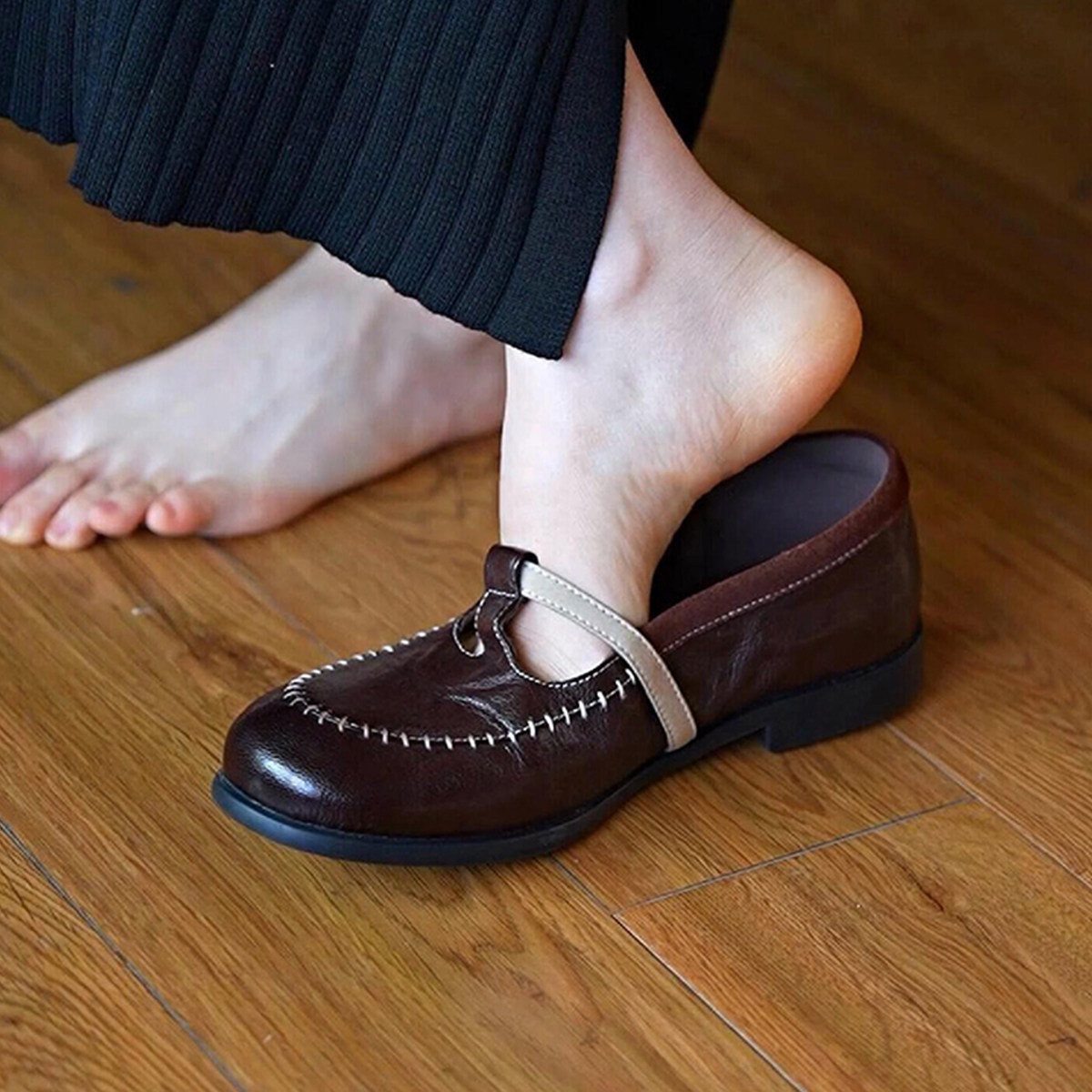 羊皮版~小众设计老钱风复古真皮单鞋女一脚蹬舒适平底圆头小皮鞋主图