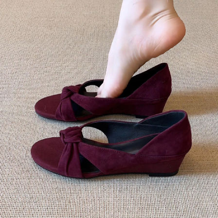 羊皮版~仙女风扭结坡跟交叉带露趾凉鞋女小众设计感绒面罗马鞋夏