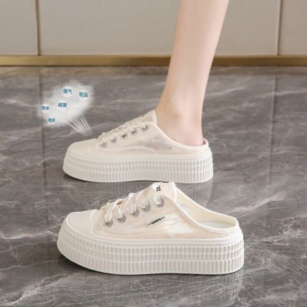 包头半拖鞋女夏季外穿2026新款渔夫鞋配裙子凉托网面透气帆布板鞋