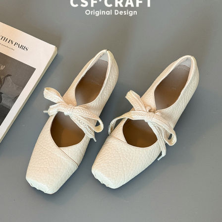 羊皮版~文艺风方头玛丽珍鞋女春季米白色绑带内增高单鞋芭蕾舞鞋