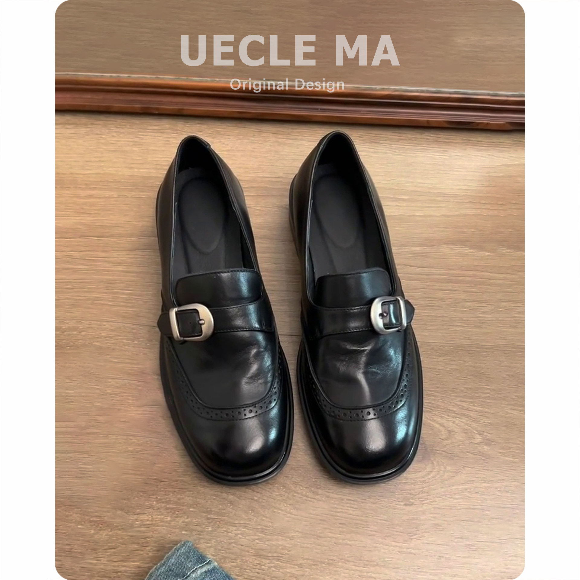 牛皮版~通勤厚底乐福鞋女春秋新款黑色单鞋子一脚蹬英伦风小皮鞋主图