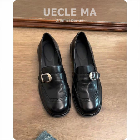 牛皮版~通勤厚底乐福鞋女春秋新款黑色单鞋子一脚蹬英伦风小皮鞋