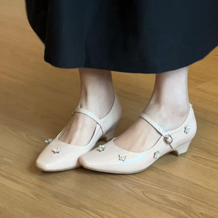 羊皮版~法式方头水钻花朵玛丽珍鞋女真皮低跟晚风一字带粗跟单鞋