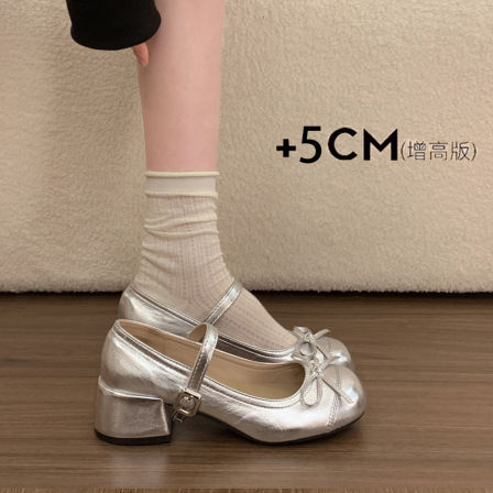 法式银色粗跟玛丽珍女鞋子2026新款春夏配裙子圆头高跟单鞋小皮鞋