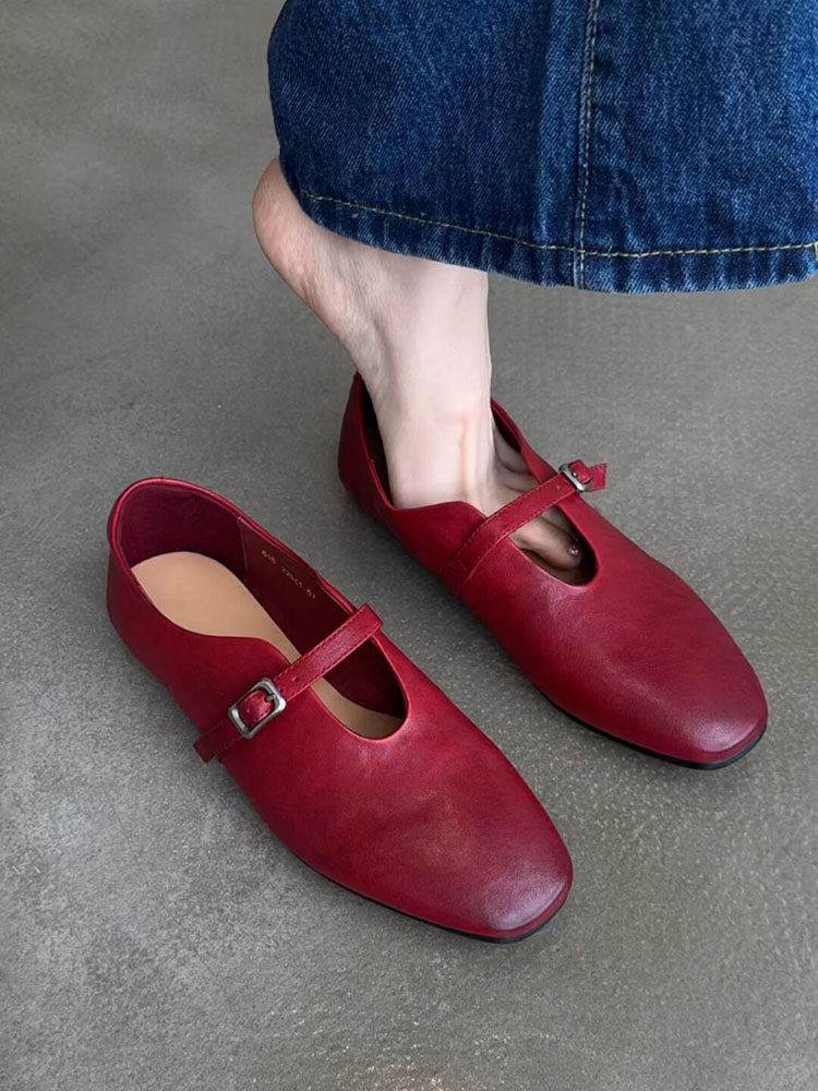 羊皮版~复古风方头擦色乐福鞋女真皮一字带玛丽珍鞋休闲通勤单鞋主图