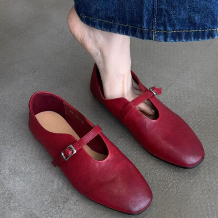 羊皮版~复古风方头擦色乐福鞋女真皮一字带玛丽珍鞋休闲通勤单鞋