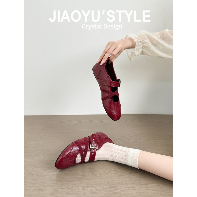 真皮~骄屿红色芭蕾玛丽珍鞋女2026新款通勤浅口单鞋休闲运动凉鞋主图