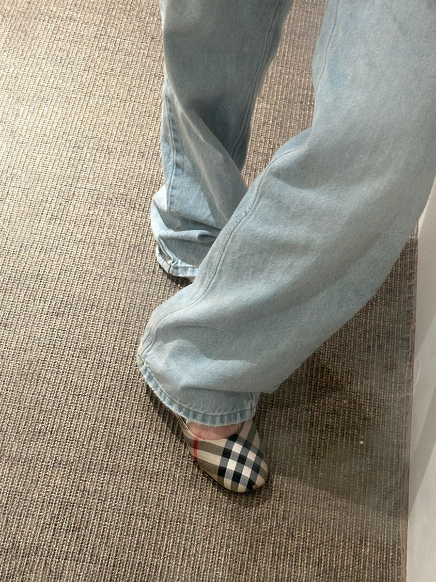 羊皮版~法式格纹方头平底鞋女一脚蹬浅口小单鞋百搭气质芭蕾舞鞋主图