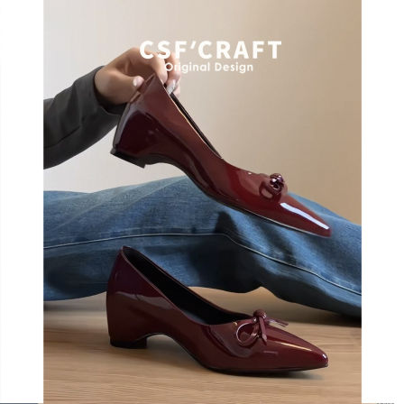 羊皮版~优雅风蝴蝶结尖头单鞋女内增高显瘦百搭玛丽珍鞋通勤女鞋