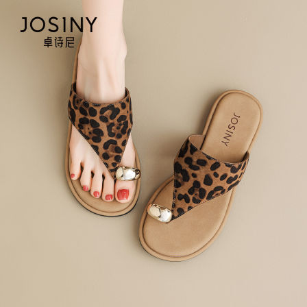 卓诗尼豹纹夹趾凉拖鞋女款2026夏季新款沙滩鞋子外穿一脚蹬人字拖