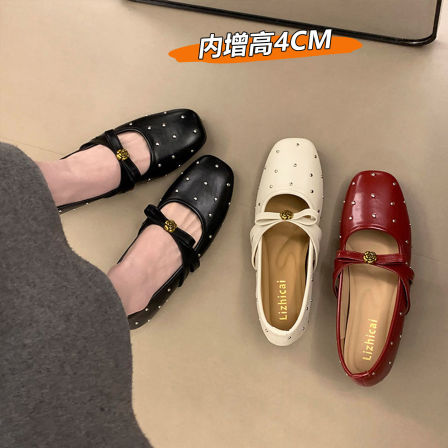 漂亮内增高浅口红色单鞋女2026新款春夏季配裙子平底玛丽珍小皮鞋