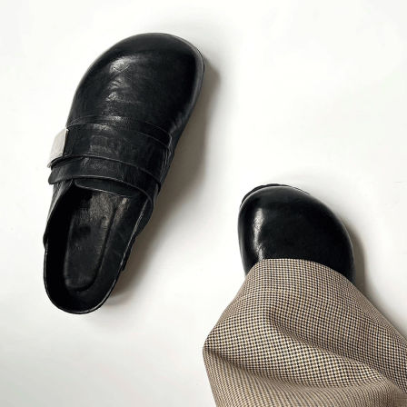 黑色真皮勃肯鞋男款增高女软皮外穿半拖厚底一脚蹬懒人休闲穆勒鞋