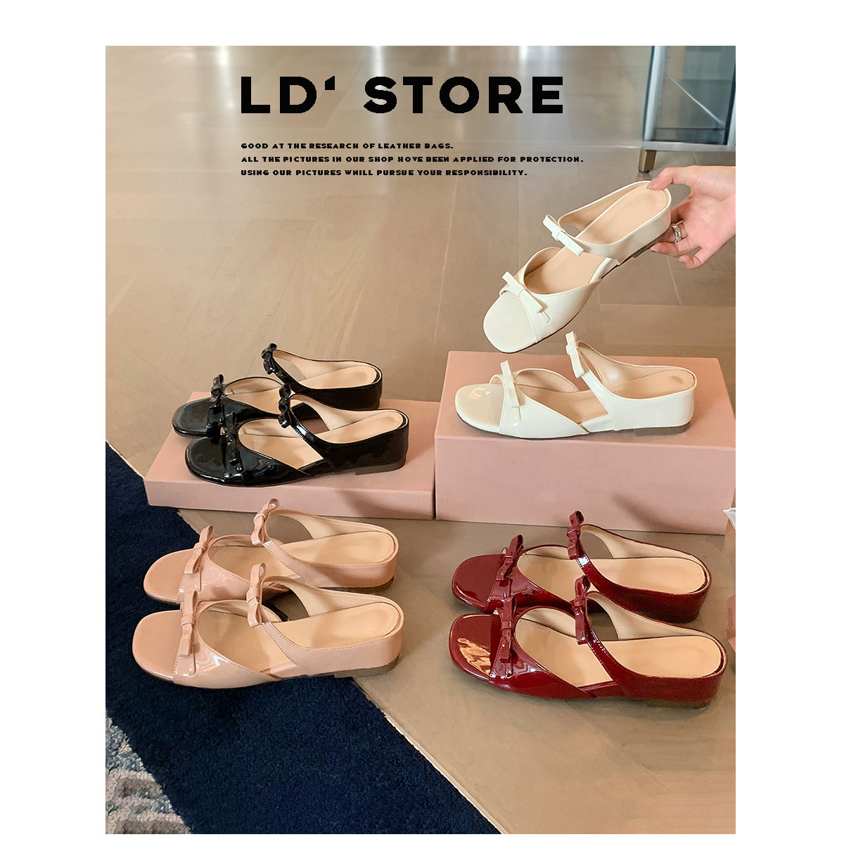 真皮~内增高蝴蝶结露趾凉拖鞋女2026夏季外穿裸色厚底沙滩凉拖鞋主图