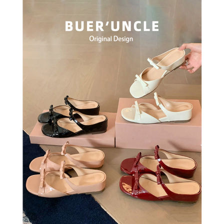 真皮~内增高凉拖鞋女夏外穿2026款仙女风蝴蝶结裸色坡跟厚底凉鞋