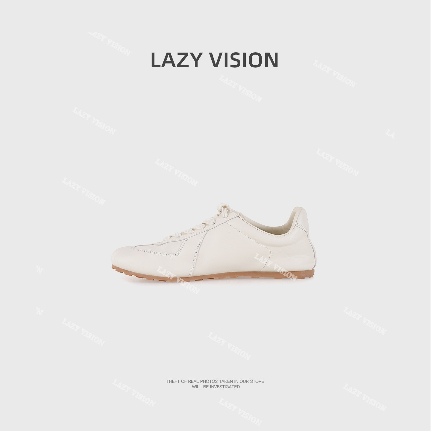 LAZYVISION进口胎牛皮米白德训鞋羊皮软底休闲百搭小单鞋女35633主图