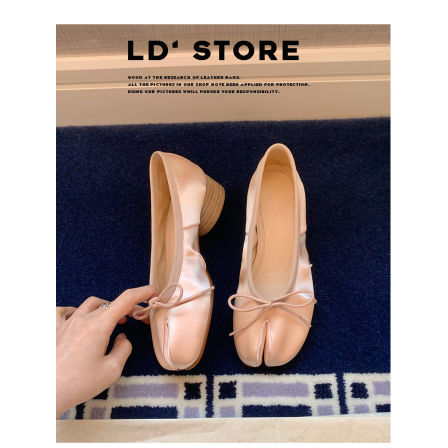 真皮~真丝芭蕾风蝴蝶结分趾单鞋女2026春新款一脚蹬粗跟玛丽珍鞋