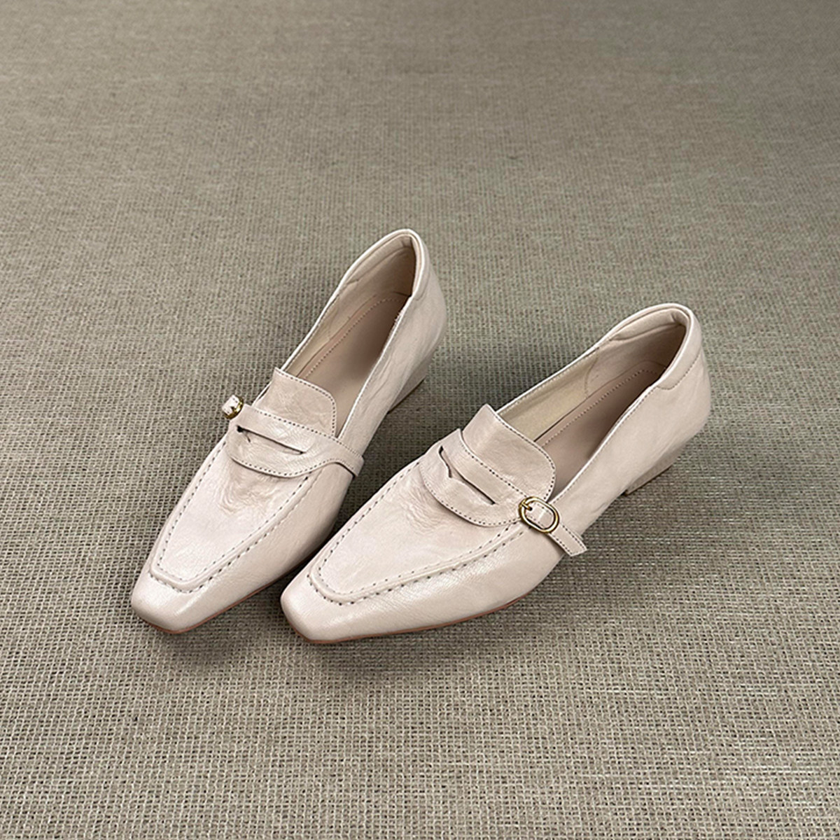 羊皮版~法式高级气质小方头乐福鞋女低跟一脚蹬软底不累脚小皮鞋主图