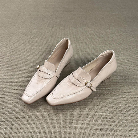 羊皮版~法式高级气质小方头乐福鞋女低跟一脚蹬软底不累脚小皮鞋