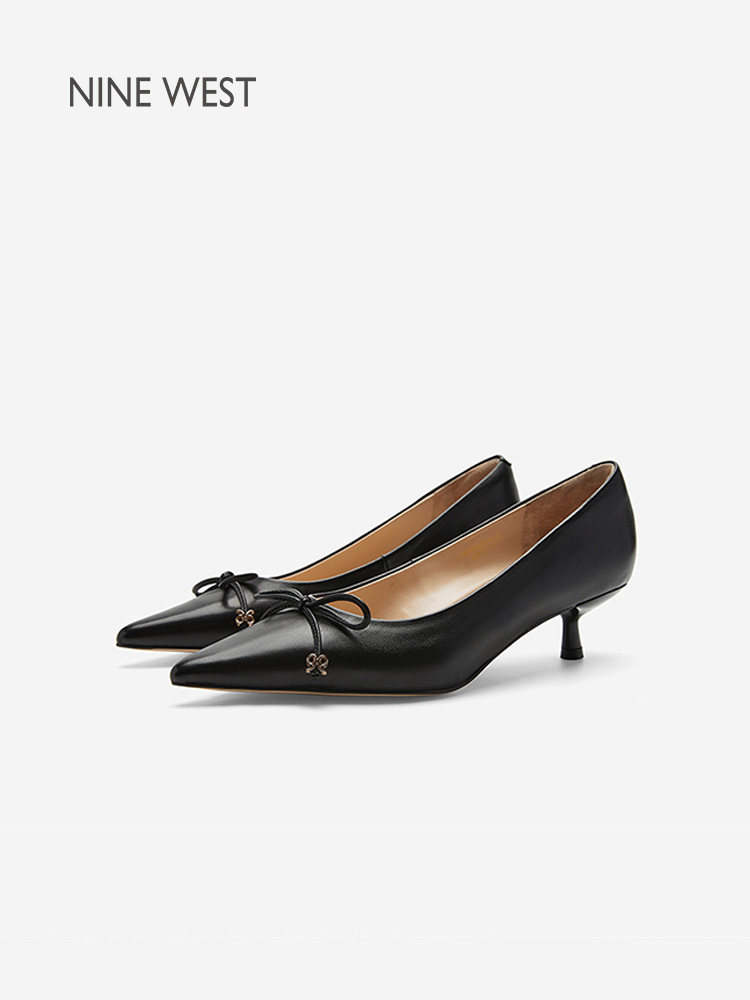 Nine West/玖熙赫本风蝴蝶结浅口单鞋女中跟真皮猫跟鞋职业通勤鞋主图