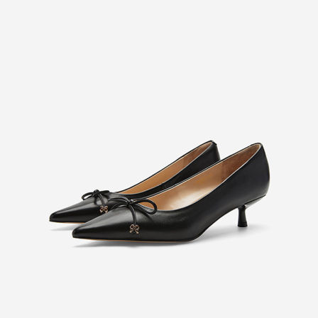 Nine West/玖熙赫本风蝴蝶结浅口单鞋女中跟真皮猫跟鞋职业通勤鞋