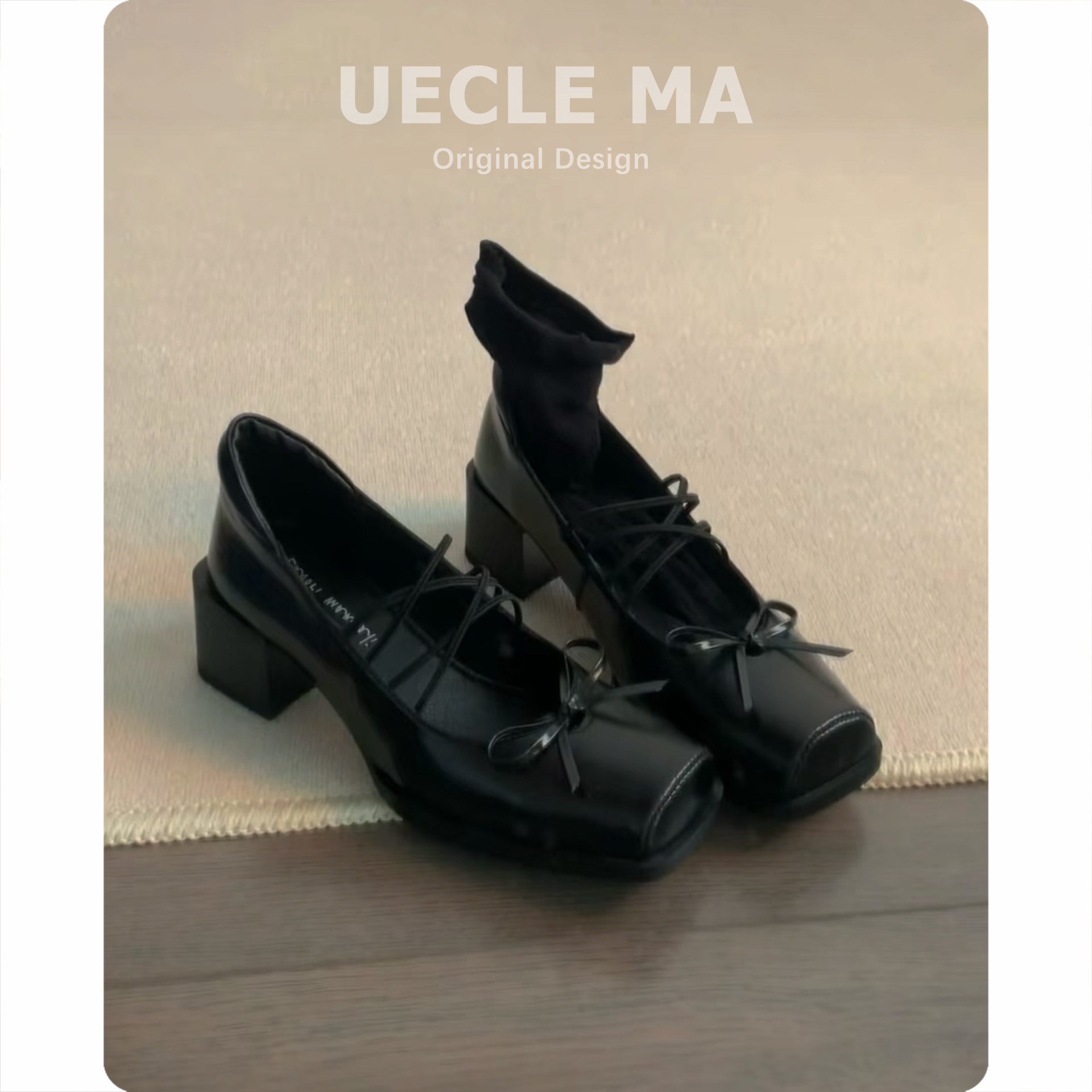 超软小羊皮~法式方头鞋女粗跟绝美黑色高跟芭蕾鞋复古玛丽珍鞋主图