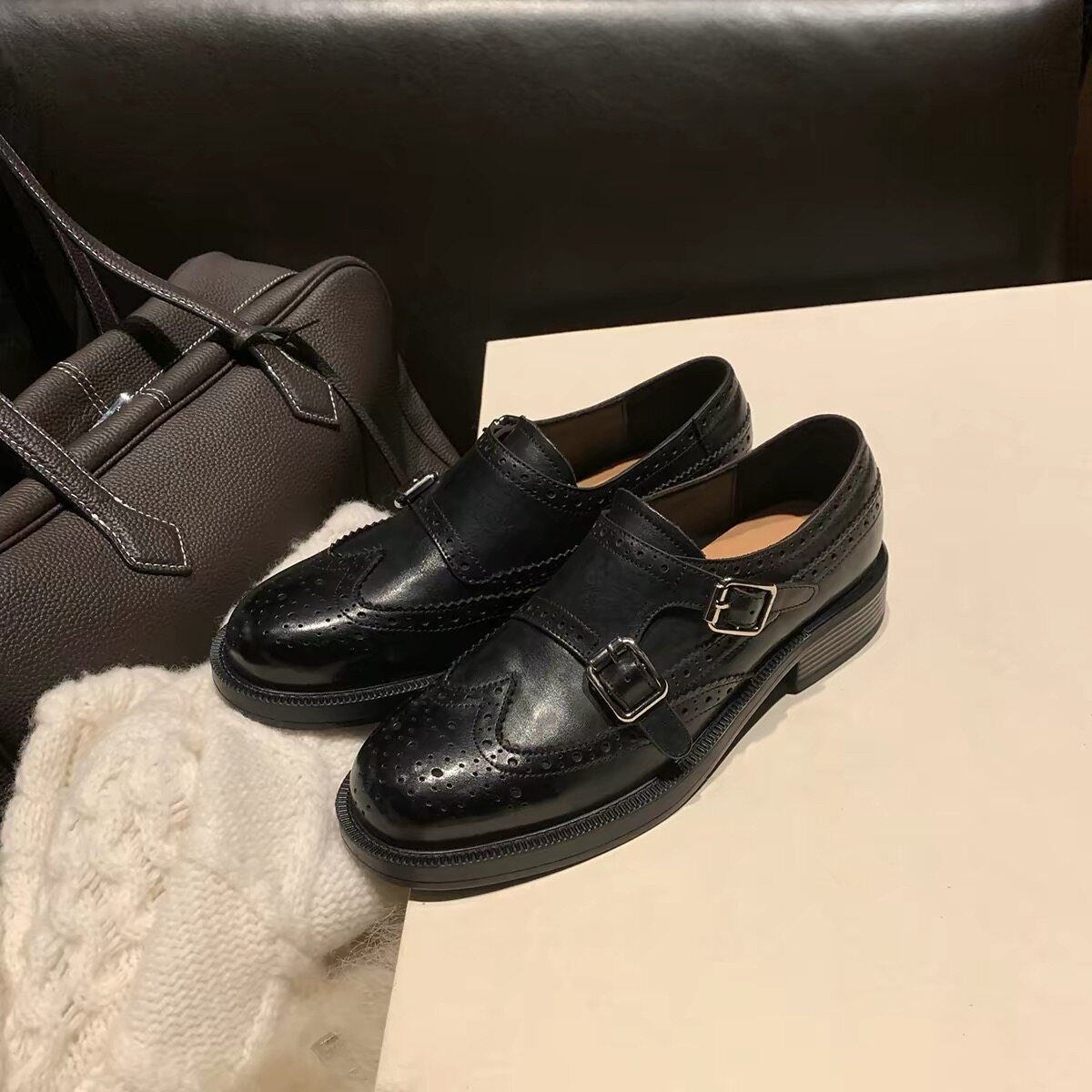 2026新款真皮双扣带粗跟牛津乐福鞋女小皮鞋英伦风巴布洛克单鞋主图