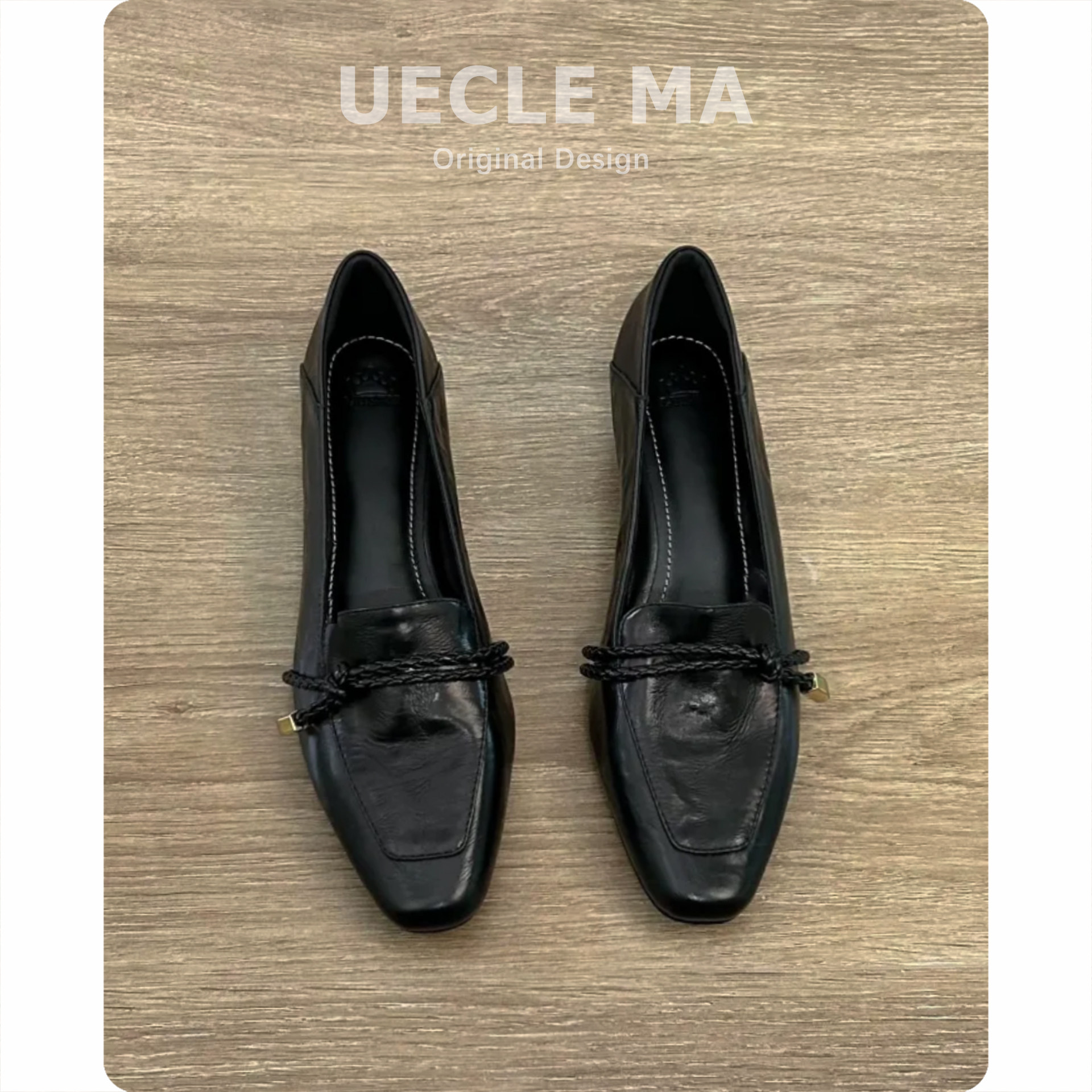 超软小羊皮~法式粗跟单鞋女方头一脚蹬乐福鞋复古通勤英伦小皮鞋主图