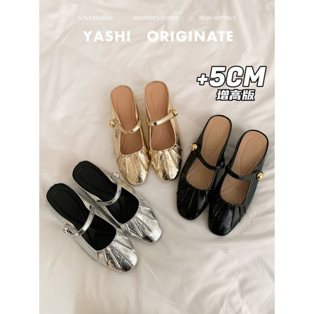 小羊皮~法式皱褶包头半拖鞋女夏季新款气质单鞋一字带玛丽珍凉拖