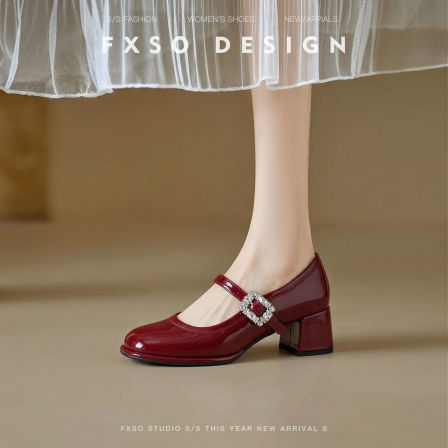 羊皮【方巷大叔】2026春季新款玛丽珍鞋圆头粗跟水钻甜美单鞋女款