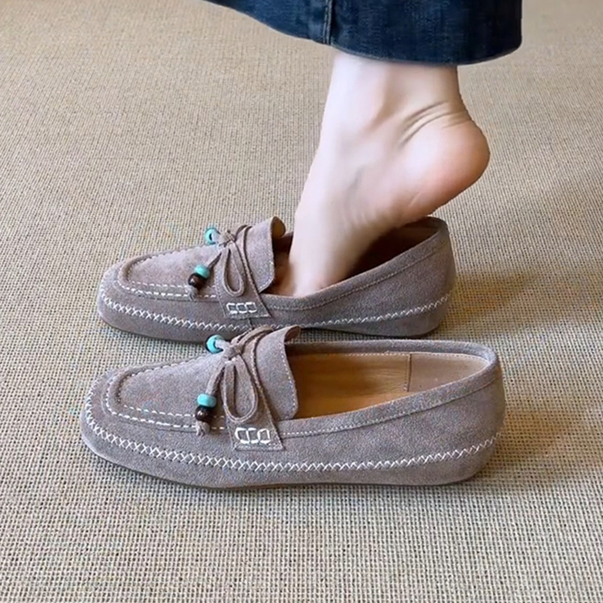 羊皮版~法式复古风绒面软皮乐福鞋女百搭蝴蝶结舒适一脚蹬豆豆鞋主图