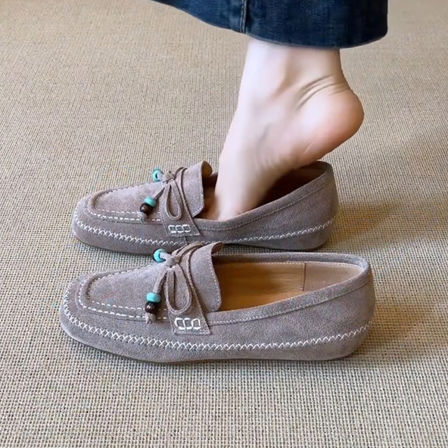 羊皮版~法式复古风绒面软皮乐福鞋女百搭蝴蝶结舒适一脚蹬豆豆鞋