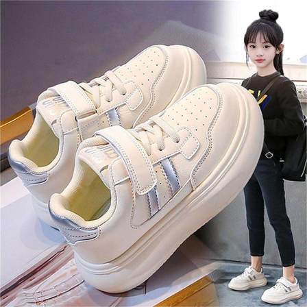 魔术贴女童小白鞋轻便跑步软底女孩学生儿童白色运动面包板鞋大童