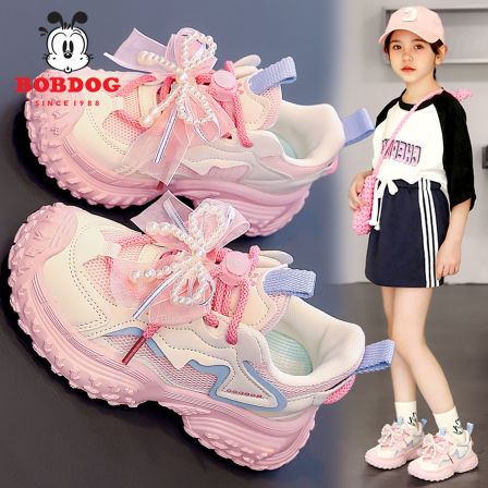 巴布豆童鞋女童夏季儿童运动鞋网面透气公主女孩网鞋蝴蝶结中大童