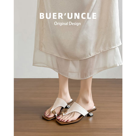 真皮~凉拖鞋女外穿2026新款夏季绝美法式小金扣方头套趾沙滩凉鞋