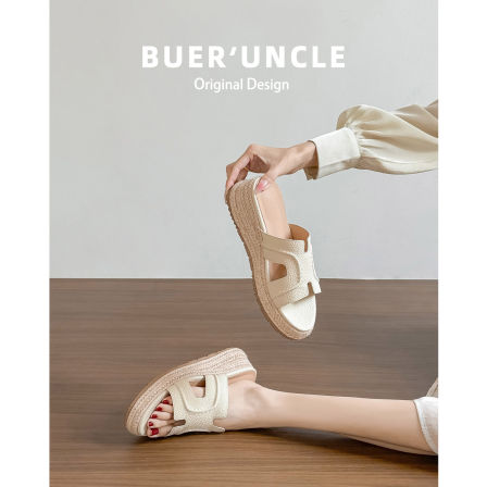 真皮~厚底拖鞋女夏外穿2026新款绝美不累脚草编一字坡跟高跟凉拖