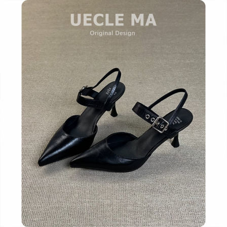 羊皮版~尖头高跟鞋女夏法式复古气质单鞋细跟后空玛丽珍包头凉鞋