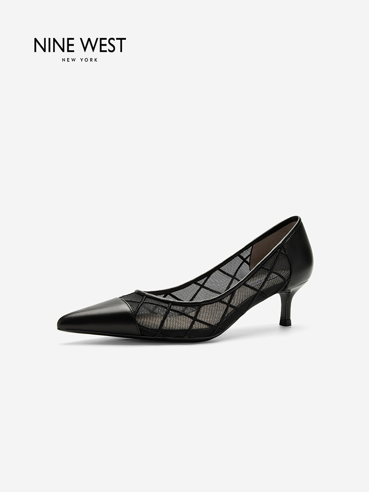 Nine West/玖熙尖头细跟网纱拼接高跟鞋女透气镂空时尚浅口单鞋主图