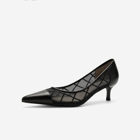 Nine West/玖熙尖头细跟网纱拼接高跟鞋女透气镂空时尚浅口单鞋