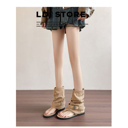 真皮~内增高夹趾凉靴女2026新款褶皱堆堆靴时髦辣妹裤管罗马凉鞋