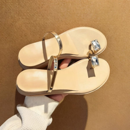 羊皮版~厚底增高水钻套趾一字带拖鞋女外穿配裙子度假沙滩凉拖鞋