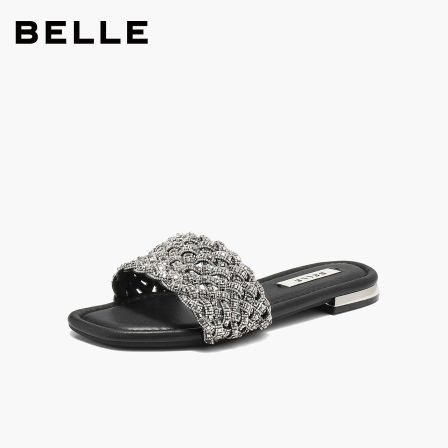 百丽女鞋满钻一字拖26夏季新款可外穿休闲沙滩凉拖鞋