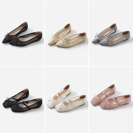 ED09020 茉莉雅集  尖头方头烫钻蝴蝶结浅口玛丽珍芭蕾舞云朵鞋