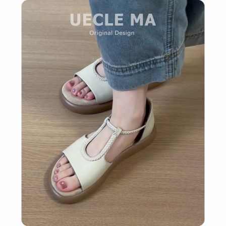 真皮~厚底凉鞋女2026新款夏季配裙子绝美不累脚百搭沙滩罗马凉鞋