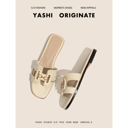 羊皮版~法式金扣拖鞋女夏外穿2026时尚百搭高级感一字平底凉拖鞋鞋