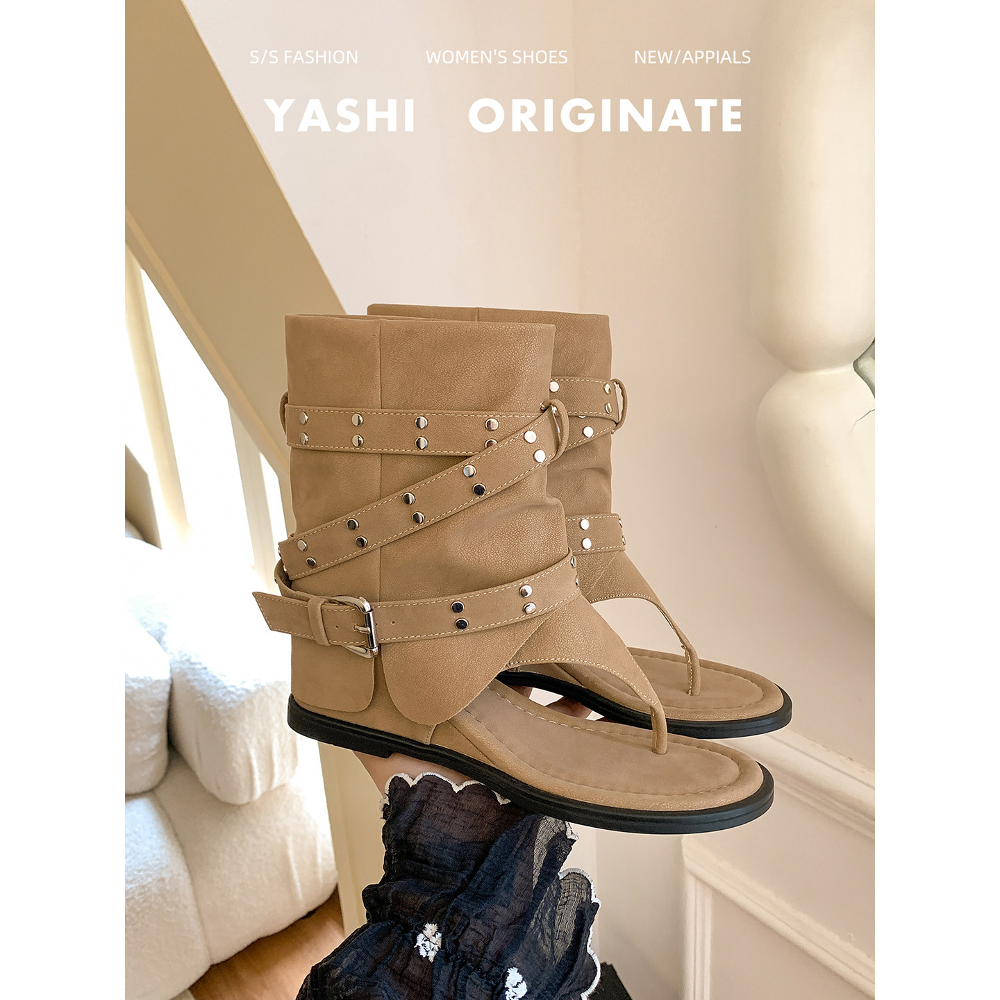 牛皮版~时髦辣妹内增高夹趾凉靴女2026夏季新款个性皮带扣凉鞋女主图