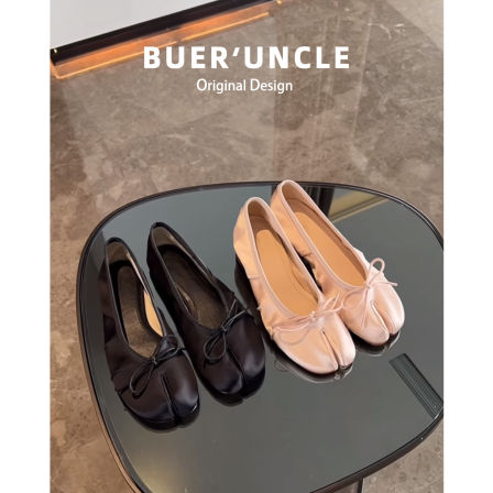 软羊皮~法式粗跟猪蹄分趾鞋女缎面粉色蝴蝶结芭蕾舞玛丽珍单鞋