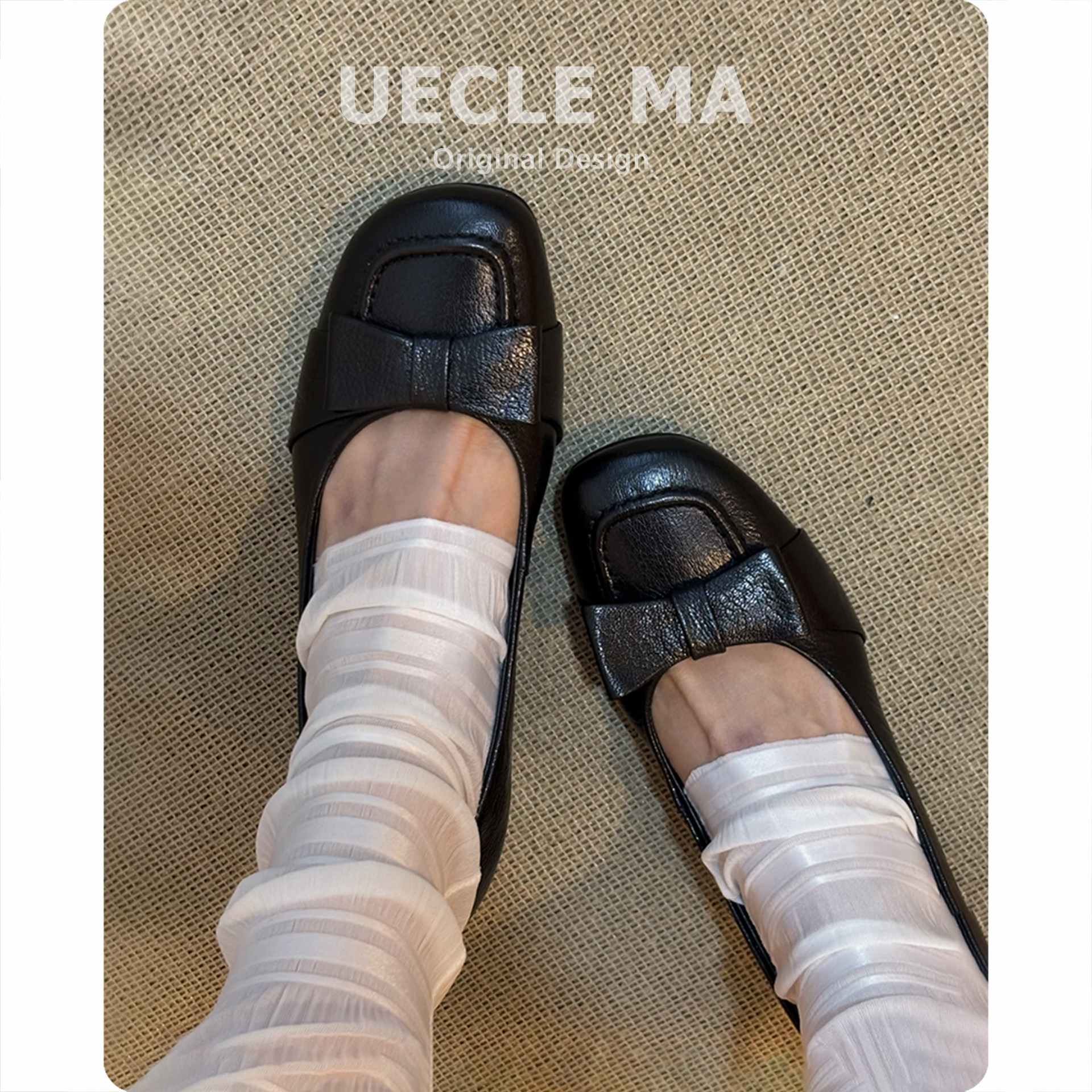 真皮~方头法式单鞋女粗跟蝴蝶结晚晚鞋绝美玛丽珍高跟黑色工作鞋主图