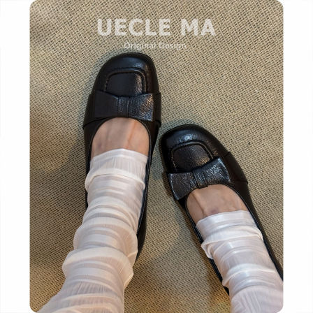 真皮~方头法式单鞋女粗跟蝴蝶结晚晚鞋绝美玛丽珍高跟黑色工作鞋